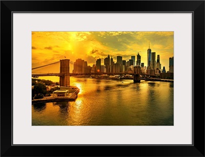 Brooklyn Bridge, Downtown And Financial District Skyline At Sunset, New York City