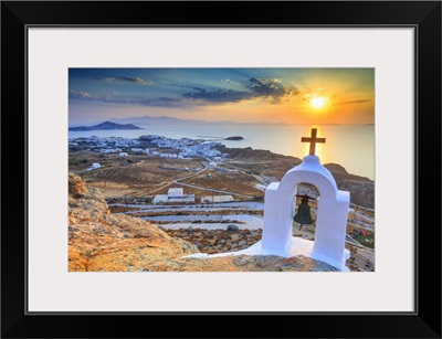 Greece, Naxos island, Bell tower of a small church in Naxos town at sunset