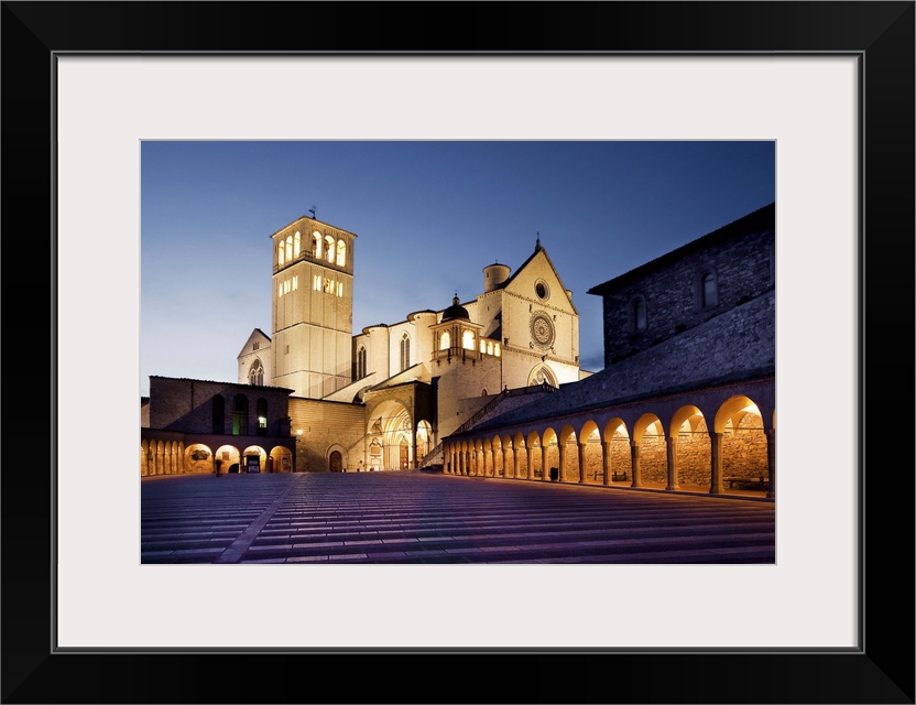 Italy, Umbria, Perugia district, Assisi, Basilica of San Francesco, San Francesco Basilica at dusk.