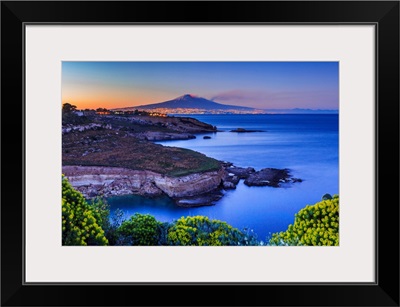 Italy, Augusta, Capo Santa Croce Bay with Catania and Mount Etna in the background
