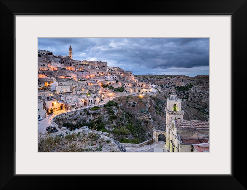 Italy, Basilicata, Matera, Sasso Barisano view from Sasso Caveoso and, in the foreground, the popularly known as the churc...