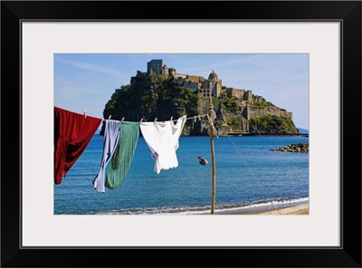 Italy, Campania, Ischia Island, Ischia Ponte, Aragonese castle with fisherman's clothes