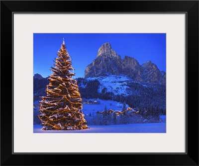 Italy, Corvara, Christmas tree with Sass Songher Mountain in the background