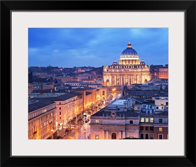 Italy, Latium, Rome, Saint Peter's Square, Saint Peter's Basilica Illuminated At Dusk