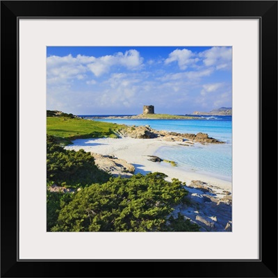 Italy, Sardinia, Stintino, La Pelosa beach, View of the beach with the Isola Piana Tower