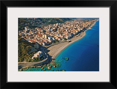 Italy, Sicily, Aerial view of Capo d'Orlando, beach and lighthouse
