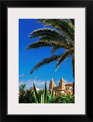 Italy, Sicily, Cefalu, palm tree and cathedral in background