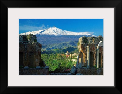 Italy, Sicily, Ionian Coast, Taormina, Greek theatre and Mount Etna in background