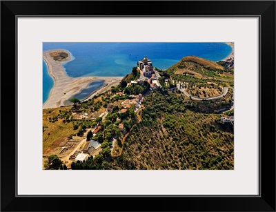 Italy, Sicily, Messina district, Tindari, Aerial view, town, lakes and Greek Theatre