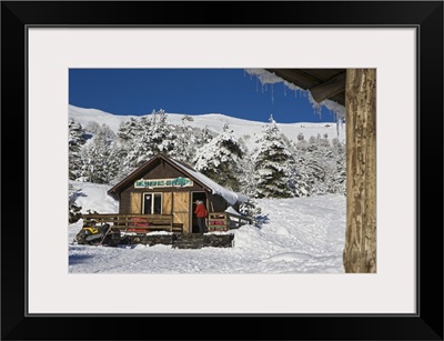 Italy, Sicily, Mount Etna, chalet for renting wintersport equipment