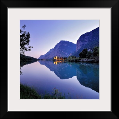 Italy, Trentino-Alto Adige, Alps, Trentino, Lago di Toblino, Castle and lake at sunset