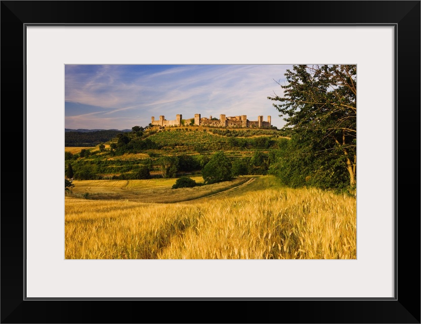 View of the walled medieval village of Monteriggioni, perched on a hill surrounded by hay fields and olive trees near Siena.