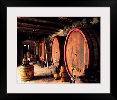 Italy, Umbria, Wine cellar, Citta della Pieve, Barrel in wine cellar