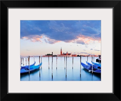Italy, Venice, Gondolas On The Waterfront Of Saint Mark Basin With San Giorgio