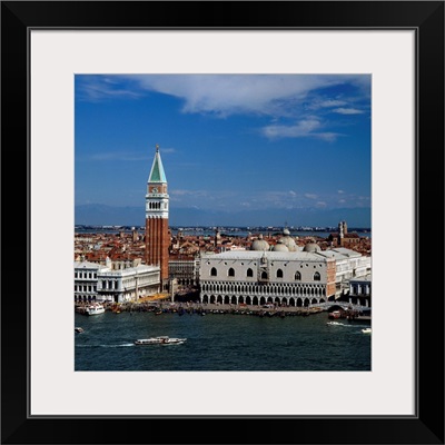 Italy, Venice, Piazzetta, bell tower of Basilica di San Marco, Alps in background