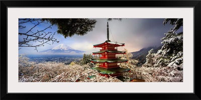 Japan, Chubu, Mount Fuji, Chureito Pagoda, Arakura Sengen Shrine During Cherry Blossom