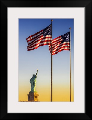 Manhattan, Liberty Island, Statue Of Liberty And American Flags