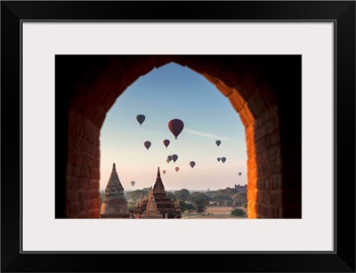 Myanmar, Dawn, Buddhist Temple, Stupas With Desert Land Sky Full Of Hot-Air Balloons
