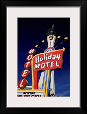 Nevada, Las Vegas, Motel sign and Stratosphere Tower in background