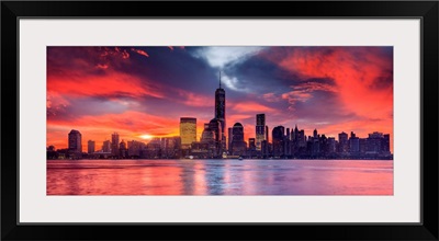 New York City, Manhattan, Manhattan Skyline With Freedom Tower From New Jersey, Sunrise