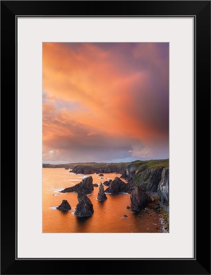 UK, Scotland, Outer Hebrides, Highlands, The Sky Is On Fire Above The Seastacks