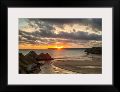 UK, Wales, Gower Peninsula, Great Britain, Three Cliffs Bay At Sunset