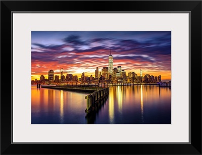 USA, New York City, Manhattan Skyline With Freedom Tower From New Jersey, At Sunrise