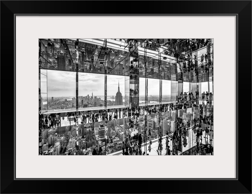 USA, New York City, Manhattan, black and white mirrored view inside Summit Building, people walking on glass floor, Empire...