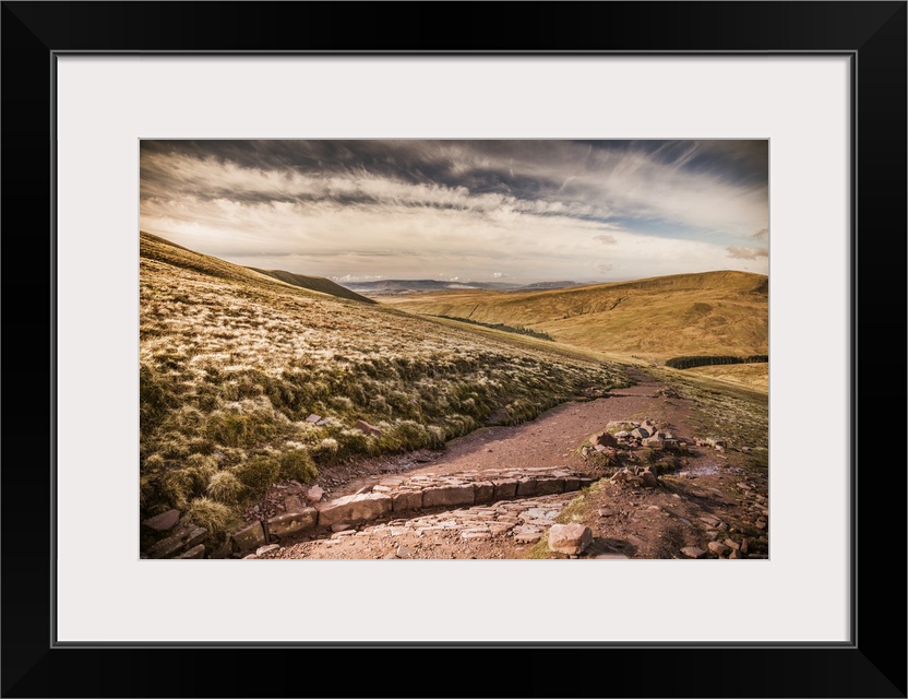 UK, Wales, Great Britain, Brecon Beacons National Park, Mountain trail just after sunrise.