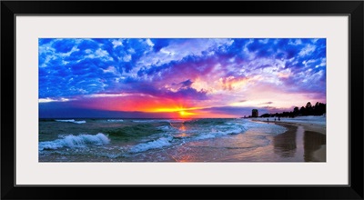 Amazing Beach Sunset Panorama-Waves Blue Clouds