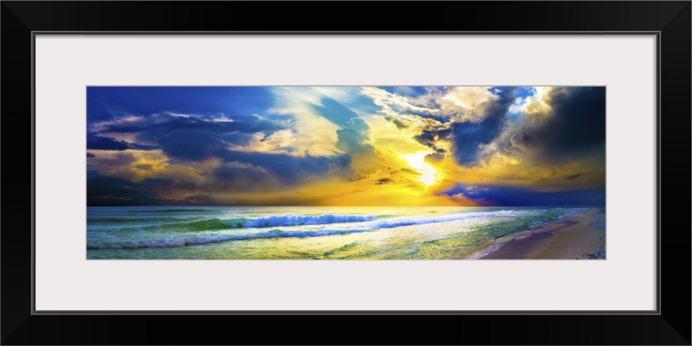 A bright yellow sunset sky over waves as the hit the beach in this beautiful landscape. A beautiful sun sets in the distan...