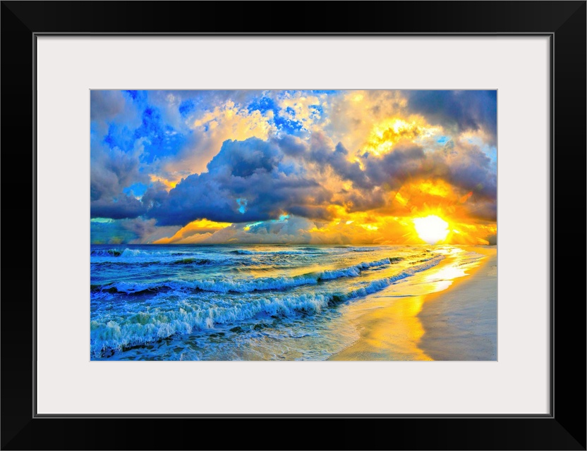 A beautiful ocean sunset with layered waves and shore in this blue art print.
