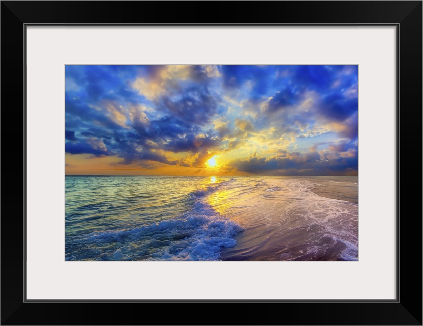 Beautiful glistening waves gently roll onto the beach in this calming landscape. A soft and colorful blue, yellow, and whi...