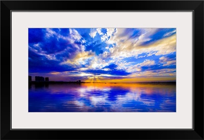 Blue And White Seascape With Sunset Reflection