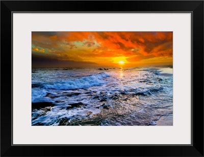 Colorful Seascape Dark Red Sunset And Waves
