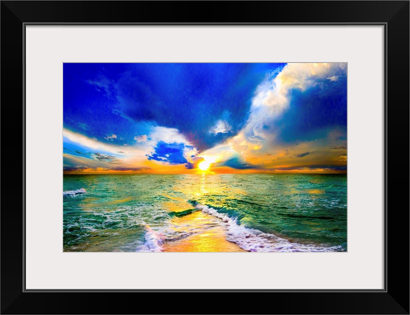 This is a colorful sunset over ocean landscape. A seascape with green waves on the shore before a beautiful beach sunset w...