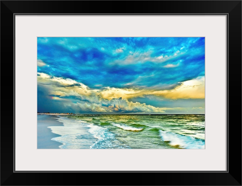 A blue and turquoise sea with a painted looking sunset. This makes for a beautiful landscape photography print of a blue a...