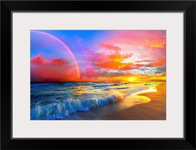 Pink Sunset Beach With Rainbow And Ocean Waves