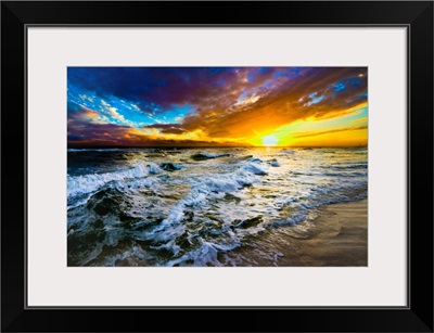Red And Blue Beach Sunset With Ocean Waves 147