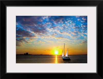 White Sail Sailboat-Sailing Into Sun-Sea Sunset