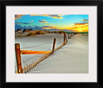 White Sand Beach Sunset-Dunes Crooked Wooden Fence