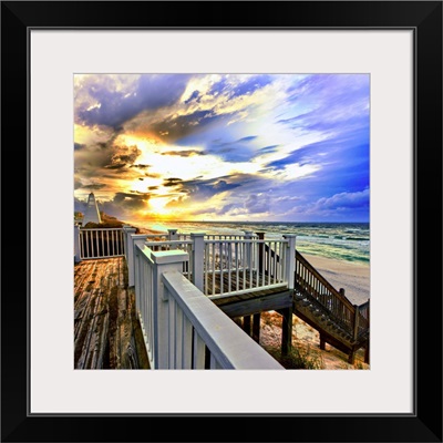 White Staircase Before Beach With Blue Gold Sunset