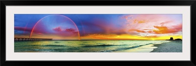 Wide Panorama Of Double Rainbow Sunset Over Beach
