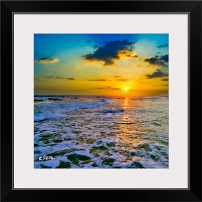 Yellow Sunset Checkered Sea-Square Frame-Sun Rays