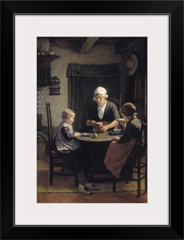 At Grandmother's, by David Adolph Constant Artz, 1883, originally oil on canvas. Dutch interior with grandmother cutting b...