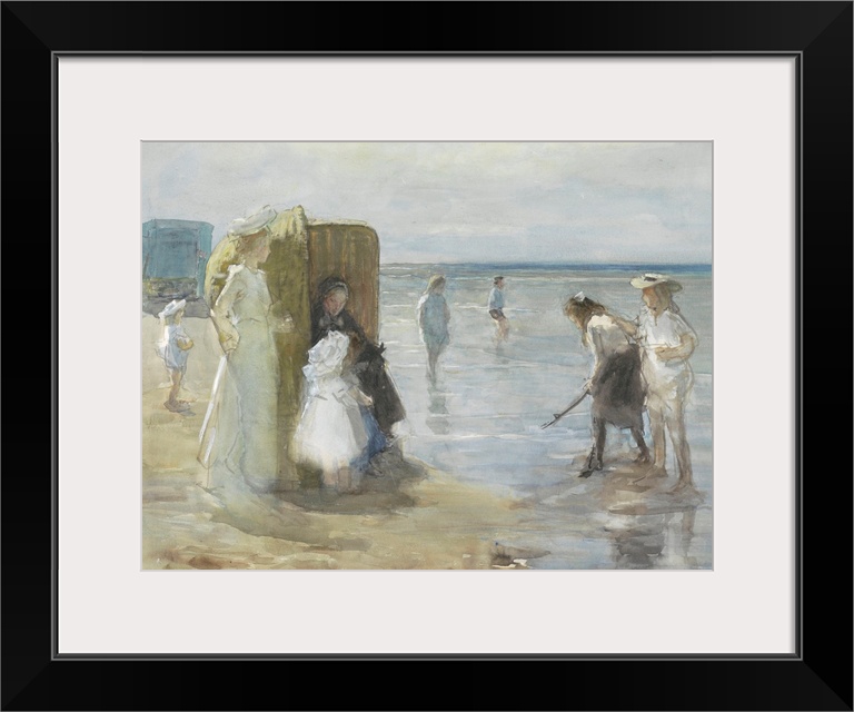 Beach of Scheveningen, with Two Ladies and Children, by Johan Antonie de Jonge, c. 1890-1920. They are on the tide line wi...