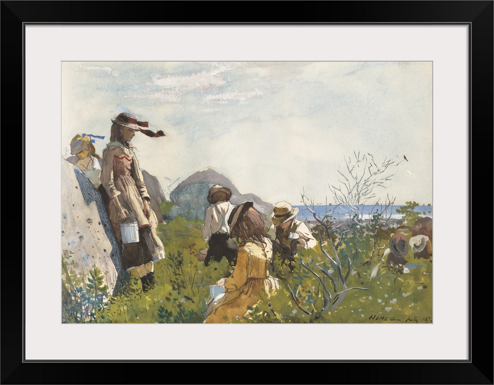 Berry Pickers, by Winslow Homer, 1873, American painting, watercolor on paper. Seven children with metal pails pick berrie...