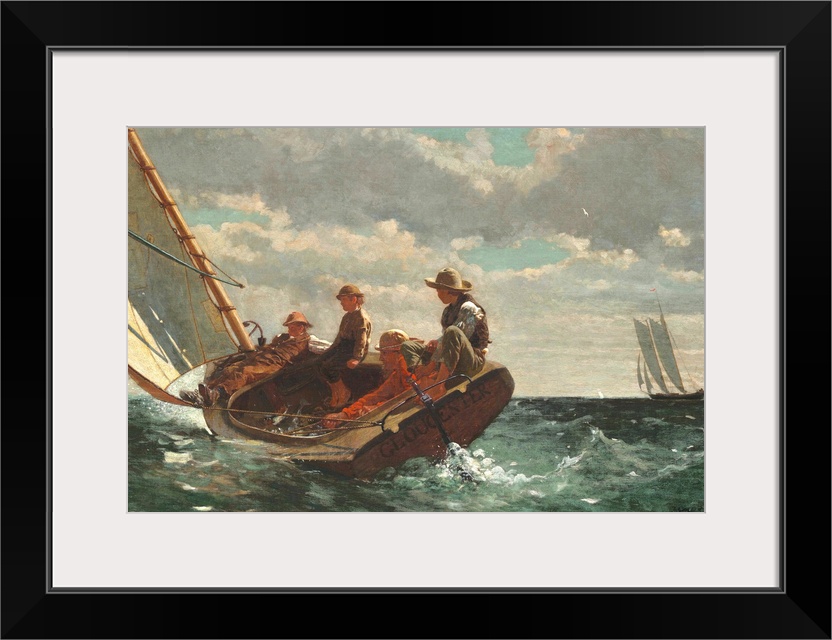 Breezing Up (A Fair Wind), by Winslow Homer, 1873-76, American painting, oil on canvas. A man, three boys, and their catch...
