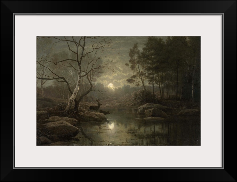 Forest Landscape in the Moonlight, by Georg Eduard Otto Saal, 1861, Dutch painting, oil on canvas. Autumn night scene with...