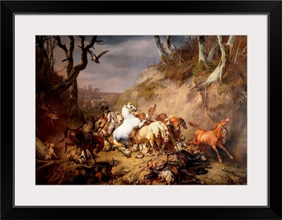 Hungry Wolves Attack a Group of Riders, 1836, Dutch oil painting